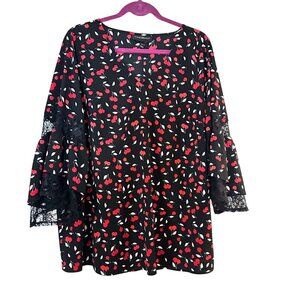 Lane Bryant Womens Top Blouse Size 14 16 Red Cherries Print Ruffle Sleeve